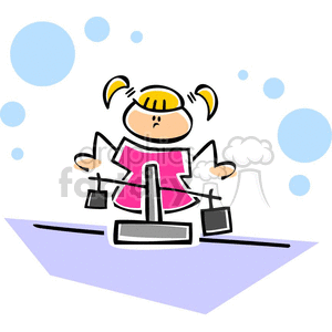 education cartoon balance scale back to school student girl measuring weight desk table pony tails learning showing demonstrating determined fun tipping 
