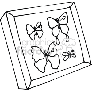 clipart - Black and white outline of butterflies in a shadow box.