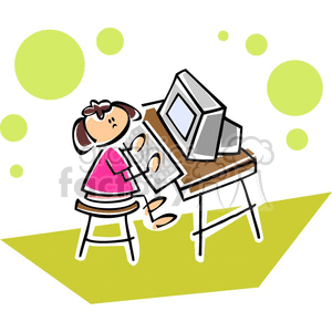 education cartoon back to school computer monitor keyboard learning typing little girl student desk sitting chair happy excited determined internet