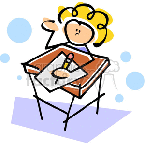 education cartoon student classroom back to school girl curly hair writing kindergarten elementary desk learning sitting funny cute pencil happy questioning 