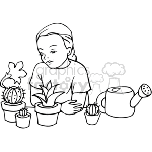 education cartoon black white outline vinyl-ready back to school botany plants botanist learning girl student watering can cactus showing growing