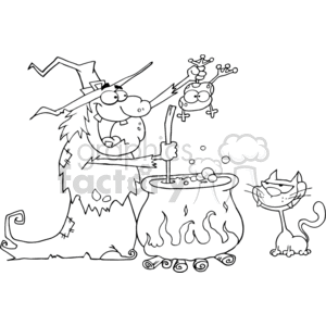 clipart - black and white witch making a spell potion.