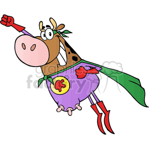 The clipart image shows a cartoon cow dressed in a superhero costume with a green cape and red boots, creating a comical and funny effect. It is a vector graphic, which means it can be resized without losing quality. The cow is depicted as a flying super hero, suggesting strength, power, and perhaps a sense of humor. 