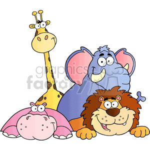 The clipart image shows four jungle animals, an elephant, hippopotamus, lion, and giraffe, depicted in a cartoonish, funny, and comical style. They are standing together in a group, possibly in a zoo or safari setting. The image is in a vector format, meaning it can be resized without losing quality.
