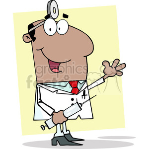 12852 RF Clipart Illustration African American Doctor Holding Syringe And Waving For Greetings
