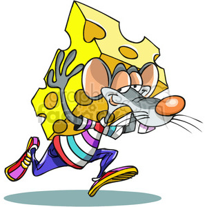 cartoon mouse carrying big piece of cheese clipart.