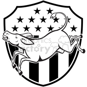 black and white donkey jumping side left US FLAG shield clipart.