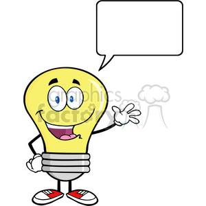 6009 Royalty Free Clip Art Light Bulb Cartoon Mascot Character Waving For Greeting With Speech Bubble clipart. Royalty-free image # 389186