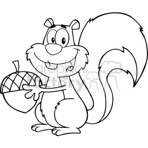 6727 Royalty Free Clip Art Black and White Cute Squirrel Cartoon Mascot Character Holding A Acorn clipart. Royalty-free image # 389501