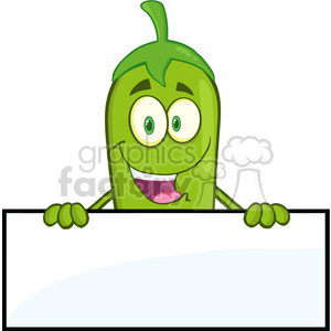 6782 Royalty Free Clip Art Smiling Green Chili Pepper Cartoon Mascot Character Over Blank Sign clipart.