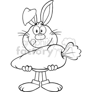 Royalty Free RF Clipart Illustration Black And White Hungry Rabbit Cartoon Character Holding A Big Carrot clipart. Commercial use image # 390162