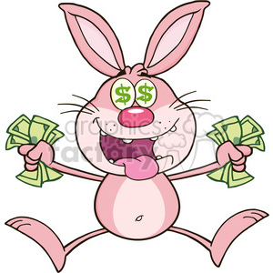 Royalty Free RF Clipart Illustration Rich Pink Rabbit Cartoon Character Jumping With Cash clipart.