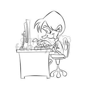 vector black and white kid working at the computer cartoon clipart.