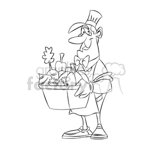 man carrying box of vegetables black and white clipart.