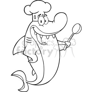 Royalty Free RF Clipart Illustration Black And White Chef Shark Cartoon Character With Big Spoon clipart.