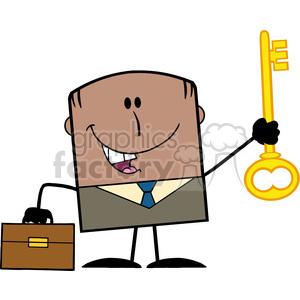 clipart - Royalty Free RF Clipart Illustration Happy African American Businessman With Briefcase Holding A Golden Key Cartoon Character.