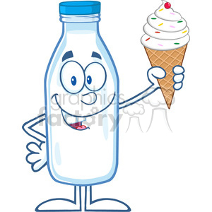Royalty Free RF Clipart Illustration Funny Milk Bottle Cartoon Mascot Character Holding A Ice Cream clipart.