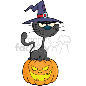 Royalty Free RF Clipart Illustration Halloween Black Cat With A Witch Hat On Pumpkin Cartoon Character clipart.