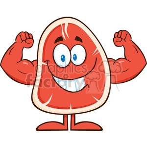 8407 Royalty Free RF Clipart Illustration Smiling Steak Cartoon Mascot Character Flexing Vector Illustration Isolated On White clipart.