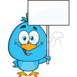 8838 Royalty Free RF Clipart Illustration Cute Blue Bird Cartoon Character Holding Up A Blank Sign Vector Illustration Isolated On White