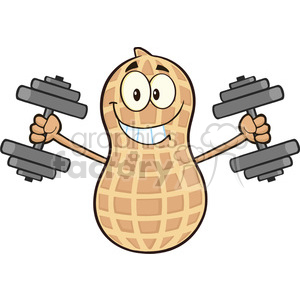 8732 Royalty Free RF Clipart Illustration Smiling Peanut Cartoon Mascot Character Training With Dumbbells Vector Illustration Isolated On White clipart.