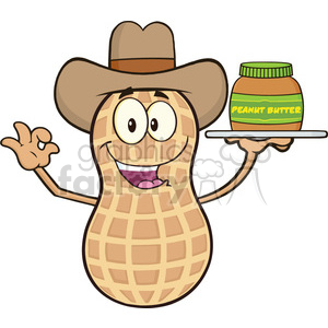 8745 Royalty Free RF Clipart Illustration Cowboy Peanut Cartoon Mascot Character Holding A Jar Of Peanut Butter Vector Illustration Isolated On White clipart.
