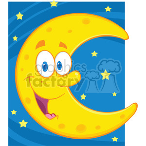 Royalty Free RF Clipart Illustration Smiling Crescent Moon Over Blue Sky With Stars clipart.