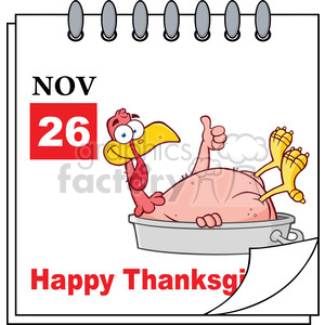 8969 Royalty Free RF Clipart Illustration Cartoon Calendar Page With Smiling Turkey Bird In The Saucepan Giving A Thumb Up Vector Illustration clipart.