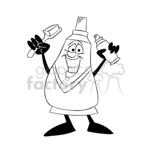 mo the toothpaste cartoon character holding toothpaste and toothbrush black white clipart.