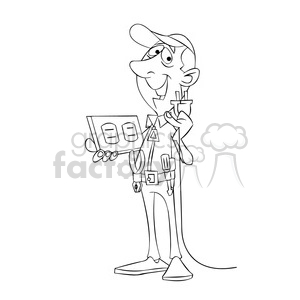 felix the cartoon handy man character holding a plug and outlet black white clipart.