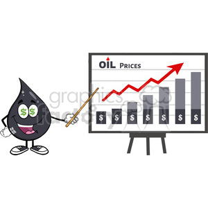 clipart - greedy petroleum or oil drop cartoon character with dollar eyes pointing to a growth graph for oil prices vector illustration isolated on white background.