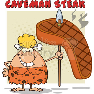 clipart - smiling cave woman cartoon mascot character holding a spear with big grilled steak vector illustration with text caveman steak.