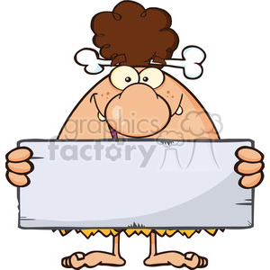 clipart - funny brunette cave woman cartoon mascot character holding a stone blank sign vector illustration.