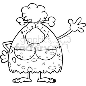 clipart - black and white happy cave woman cartoon mascot character waving vector illustration.