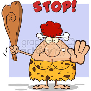 angry red hair cave woman cartoon mascot character gesturing and standing with a spear vector illustration with text stop clipart.
