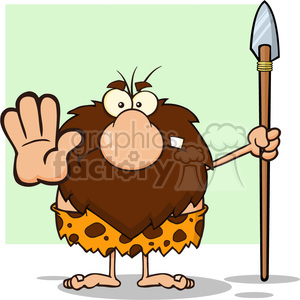 clipart - angry male caveman cartoon mascot character gesturing and standing with a spear vector illustration.