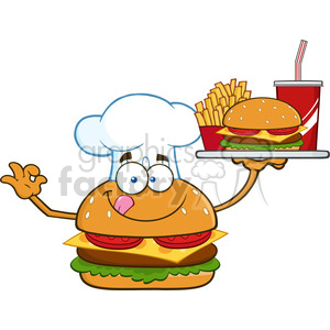 illustration chef burger cartoon mascot character holding a platter with burger, french fries and a soda vector illustration isolated on white background