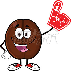 illustration happy coffee bean cartoon mascot character wearing a foam finger vector illustration isolated on white clipart. Commercial use image # 399429