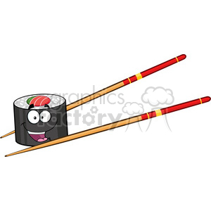 clipart - illustration happy sushi roll cartoon mascot character with chopsticks vector illustration isolated on white.