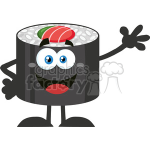 clipart - illustration happy sushi roll cartoon mascot character waving vector illustration flat style isolated on white.