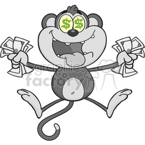 royalty free rf clipart illustration greedy monkey cartoon character jumping with cash money and dollar eyes in gray color vector illustration isolated on white .