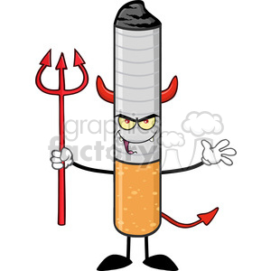 royalty free rf clipart illustration devil cigarette cartoon mascot character welcoming and holding a trident vector illustration isolated on white background .