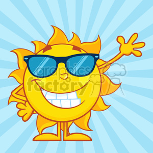 smiling sun cartoon mascot character with sunglasses waving for greeting vector illustration in blue background clipart. Royalty-free icon # 399884