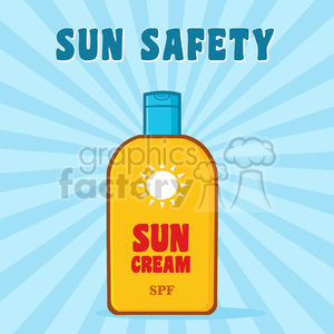 cartoon bottle sunscreen with text sun cream vector illustration blue sunburst background and text sun safety clipart. Commercial use image # 399924