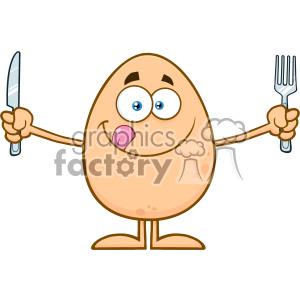 10938 Royalty Free RF Clipart Cute Egg Cartoon Mascot Character Licking His Lips And Holding Silverware Vector Illustration clipart.