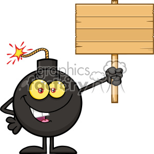 clipart - 10804 Royalty Free RF Clipart Smiling Bomb Cartoon Mascot Character Holding A Wooden Blank Sign Vector Illustration.