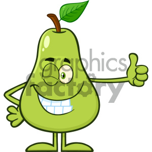 Royalty Free RF Clipart Illustration Winking Green Pear Fruit With Leaf Cartoon Mascot Character Giving A Thumb Up Vector Illustration Isolated On White Background clipart.