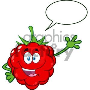 Royalty Free RF Clipart Illustration Happy Raspberry Fruit Cartoon Mascot Character Waving For Greeting With Speech Bubble Vector Illustration Isolated On White Background clipart.