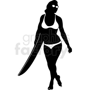 black and white girl holding surfboard design vector clipart .