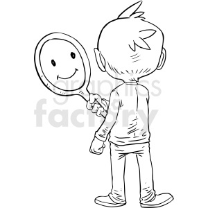 boy holding happy mirror black and white tattoo design  clipart.